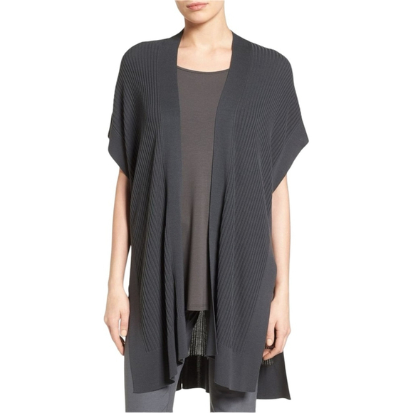 Eileen Fisher Tencel Kimono Cardigan Small/Medium Graphite Grey Sleeveless - Picture 1 of 9
